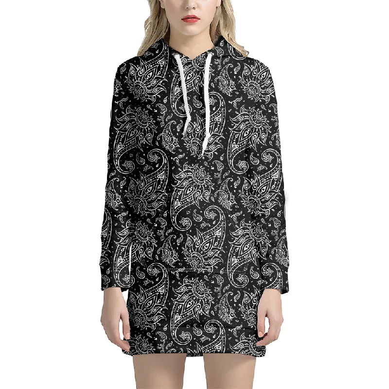 White And Black Paisley Pattern Print Pullover Hoodie Dress