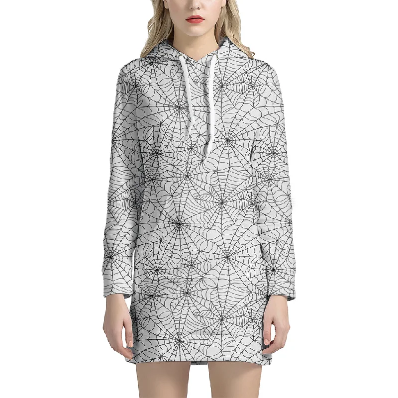 White And Black Spider Web Pattern Print Pullover Hoodie Dress