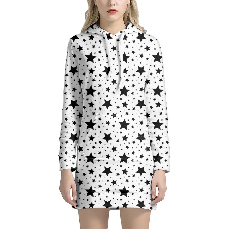 White And Black Star Pattern Print Pullover Hoodie Dress