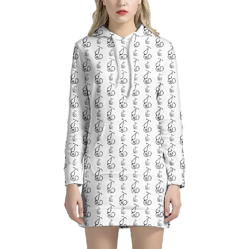 White And Black Stethoscope Print Pullover Hoodie Dress