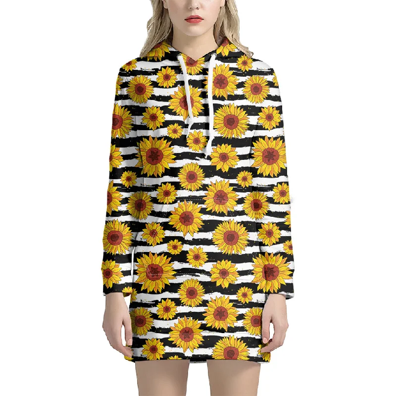 White And Black Stripe Sunflower Print Pullover Hoodie Dress