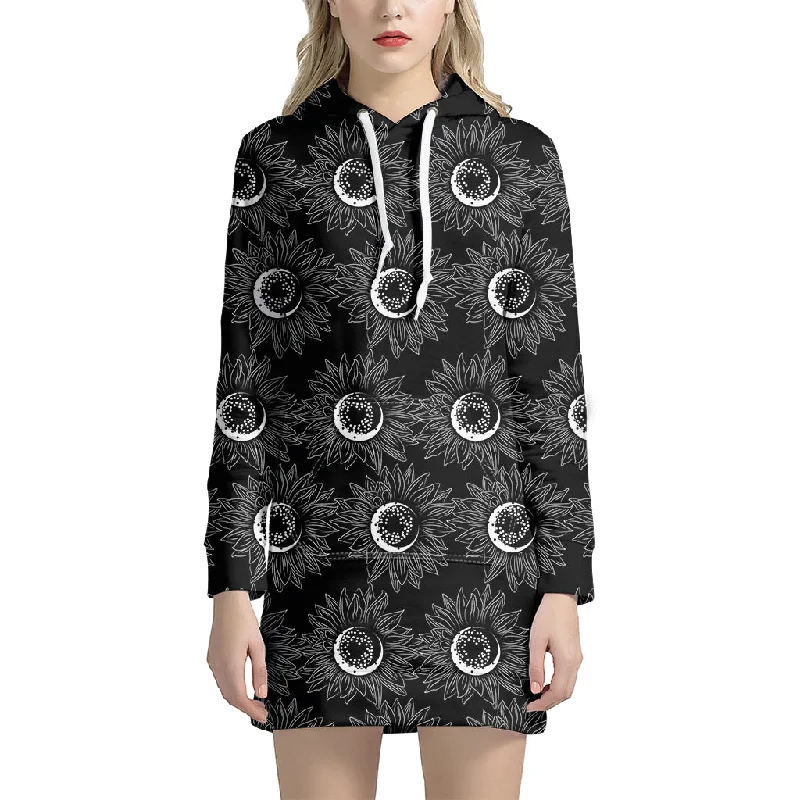 White And Black Sunflower Pattern Print Pullover Hoodie Dress