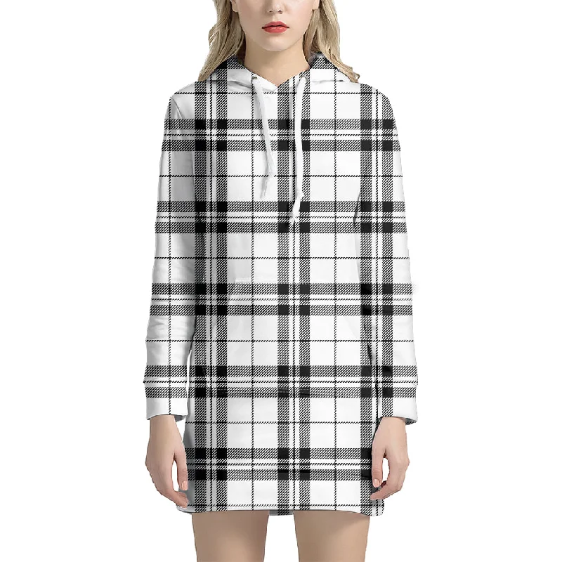 White And Black Tartan Pattern Print Pullover Hoodie Dress