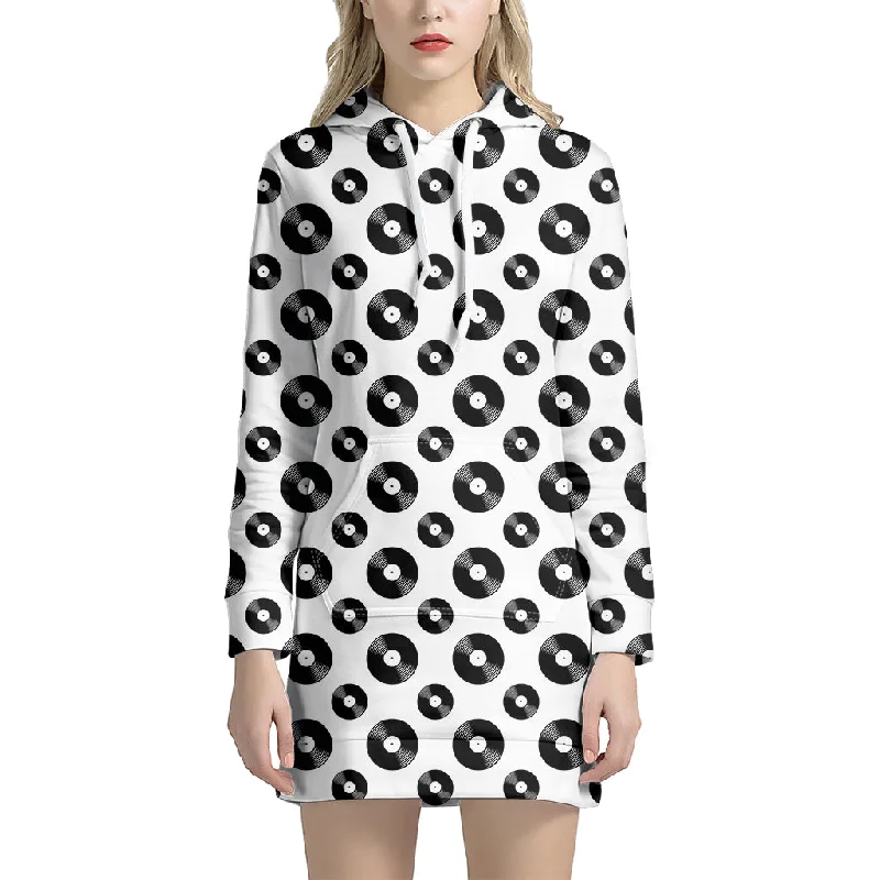 White And Black Vinyl Pattern Print Pullover Hoodie Dress