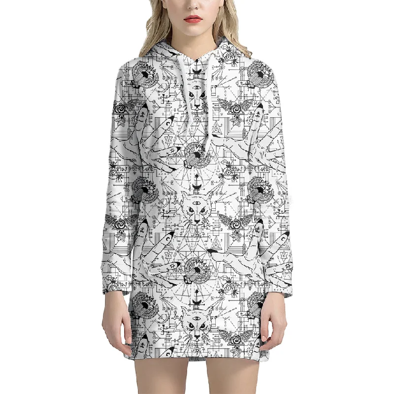 White And Black Wicca Magical Print Pullover Hoodie Dress