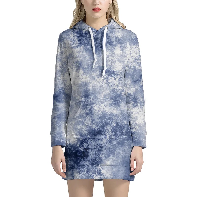 White And Blue Acid Wash Tie Dye Print Pullover Hoodie Dress