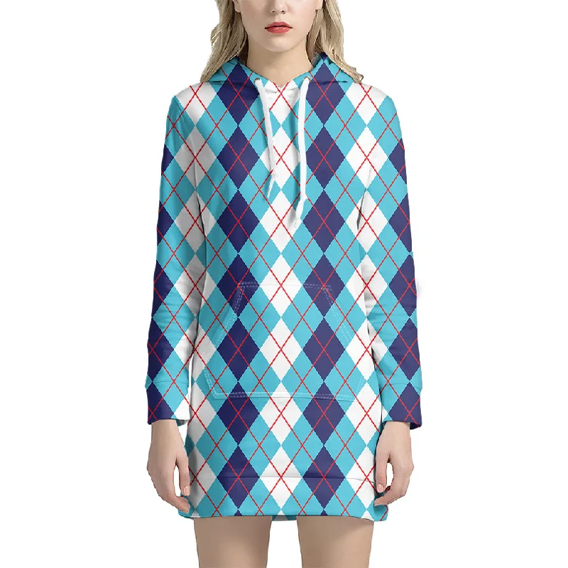White And Blue Argyle Pattern Print Pullover Hoodie Dress