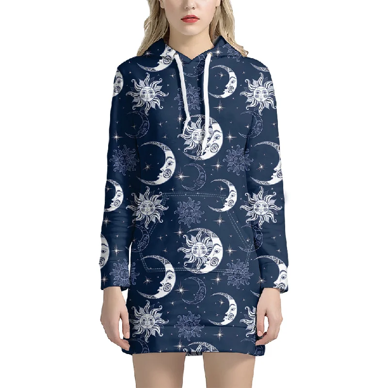 White And Blue Celestial Pattern Print Pullover Hoodie Dress
