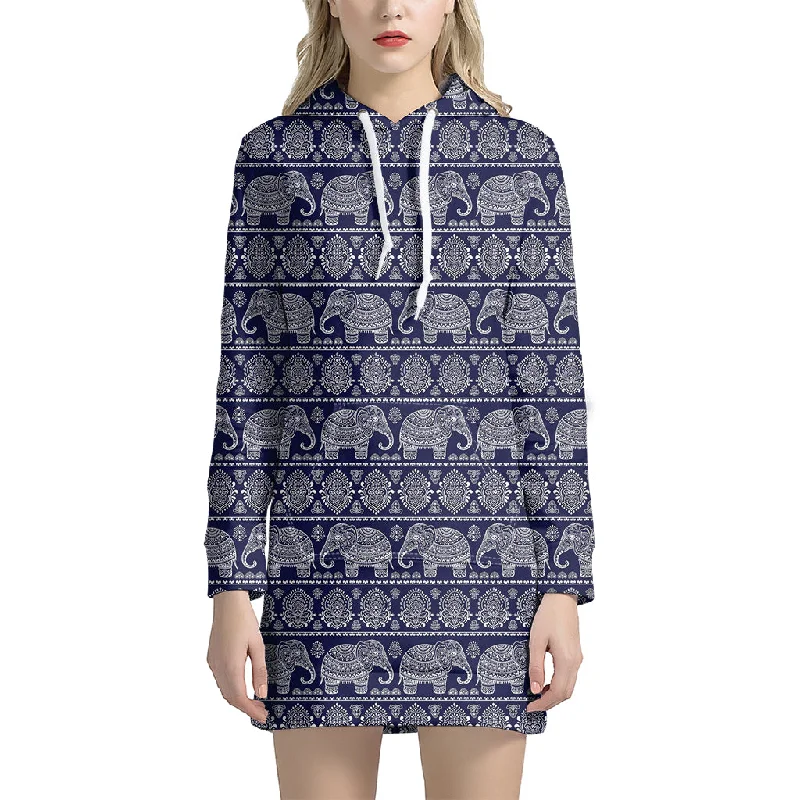 White And Blue Indian Elephant Print Pullover Hoodie Dress
