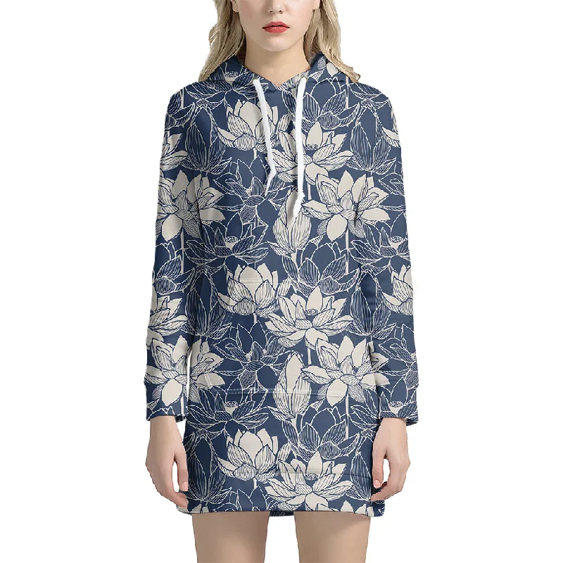 White And Blue Lotus Flower Print Pullover Hoodie Dress