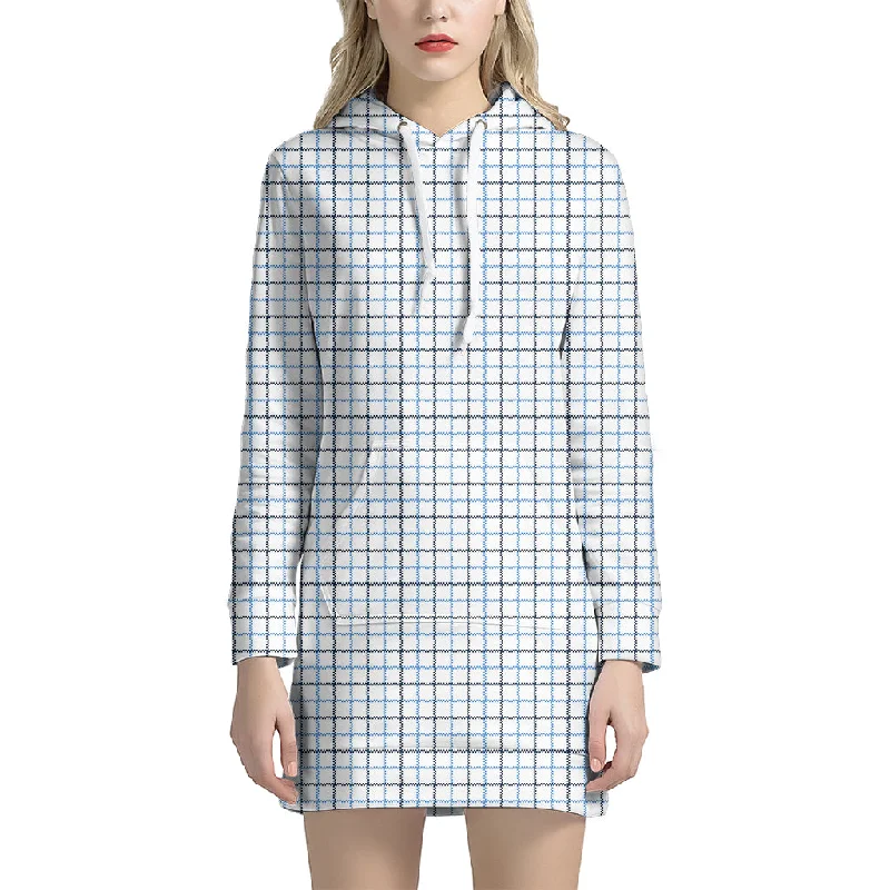 White And Blue Tattersall Pattern Print Pullover Hoodie Dress
