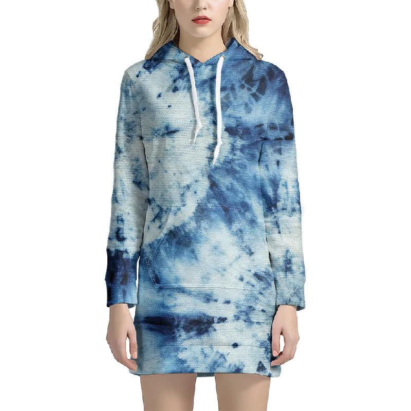 White And Blue Tie Dye Print Pullover Hoodie Dress