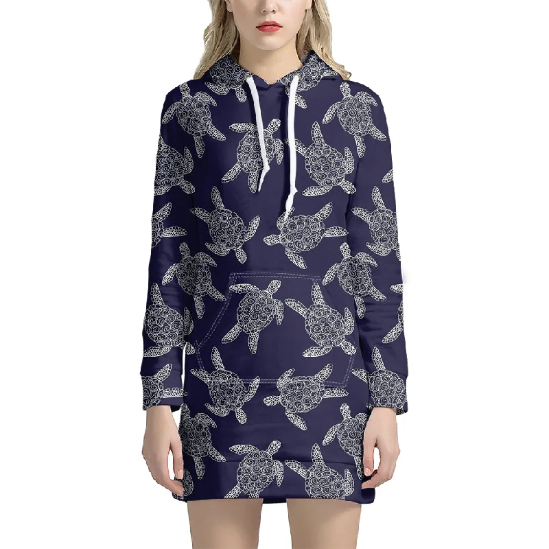 White And Blue Turtle Pattern Print Pullover Hoodie Dress