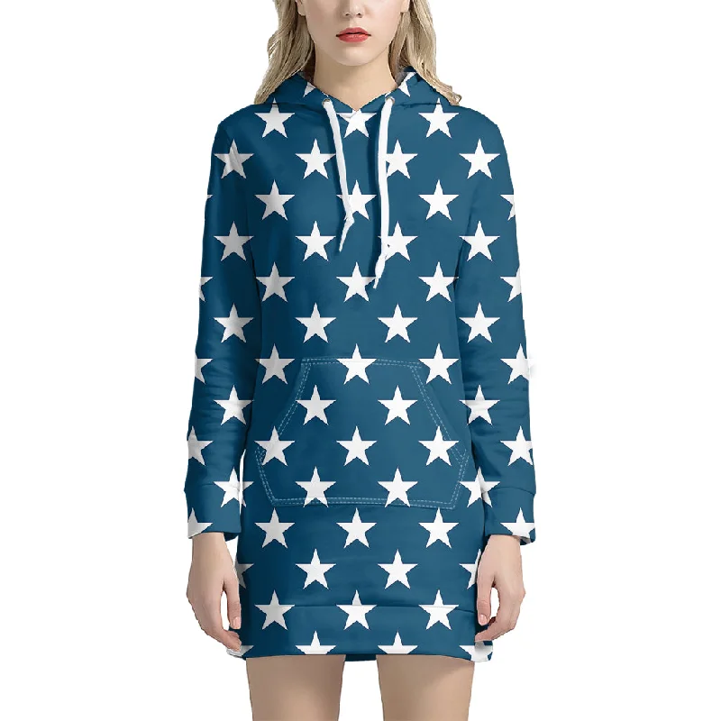White And Blue USA Star Pattern Print Pullover Hoodie Dress