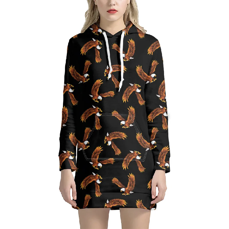 White And Brown Eagle Pattern Print Pullover Hoodie Dress
