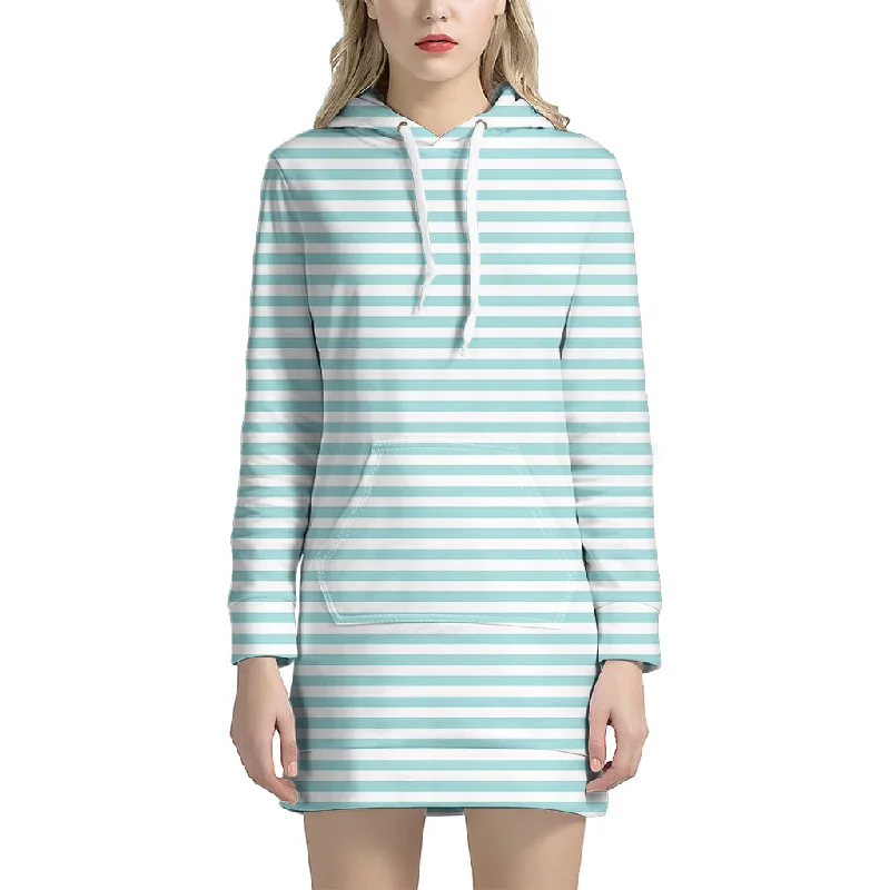 White And Cyan Striped Pattern Print Pullover Hoodie Dress