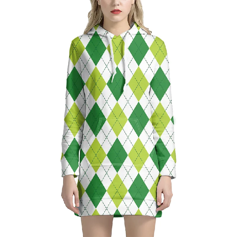 White And Green Argyle Pattern Print Pullover Hoodie Dress