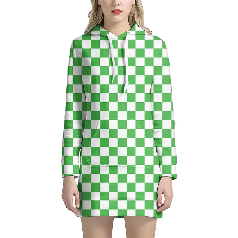 White And Green Checkered Print Pullover Hoodie Dress