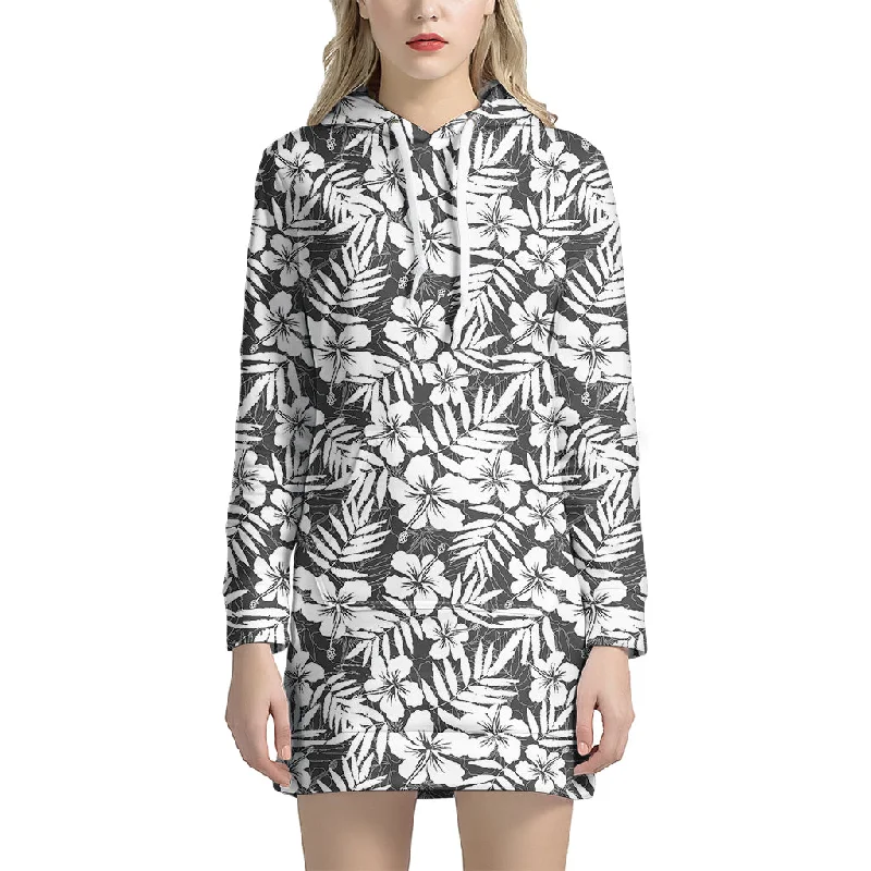 White And Grey Hawaiian Pattern Print Pullover Hoodie Dress