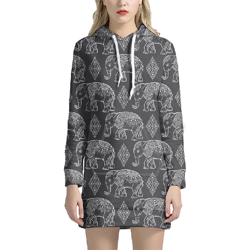 White And Grey Indian Elephant Print Pullover Hoodie Dress