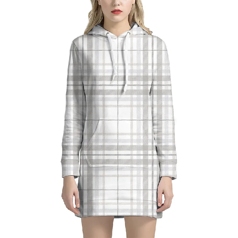 White And Grey Plaid Pattern Print Pullover Hoodie Dress