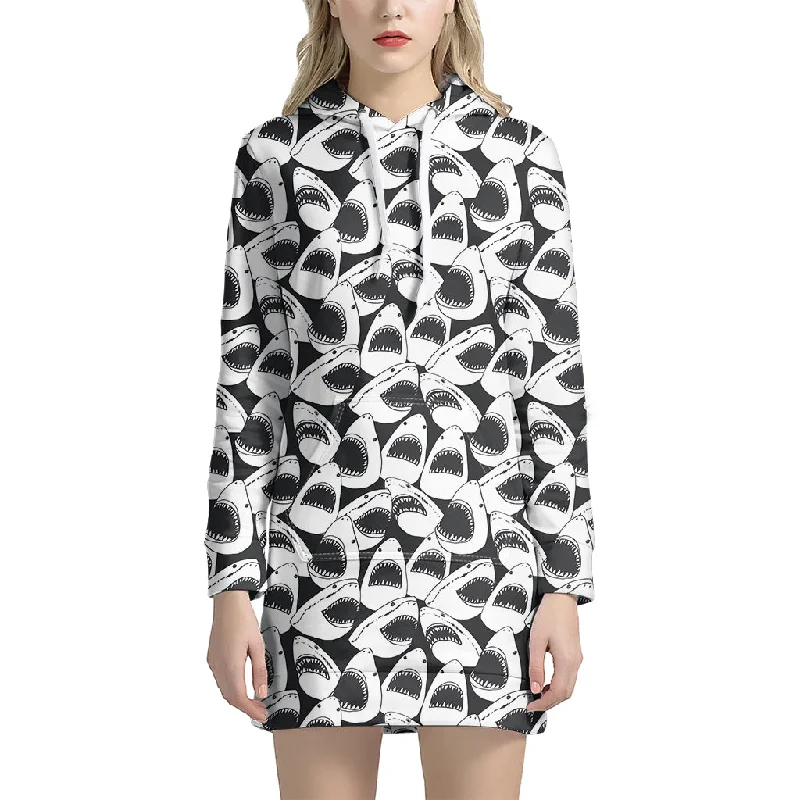 White And Grey Shark Pattern Print Pullover Hoodie Dress