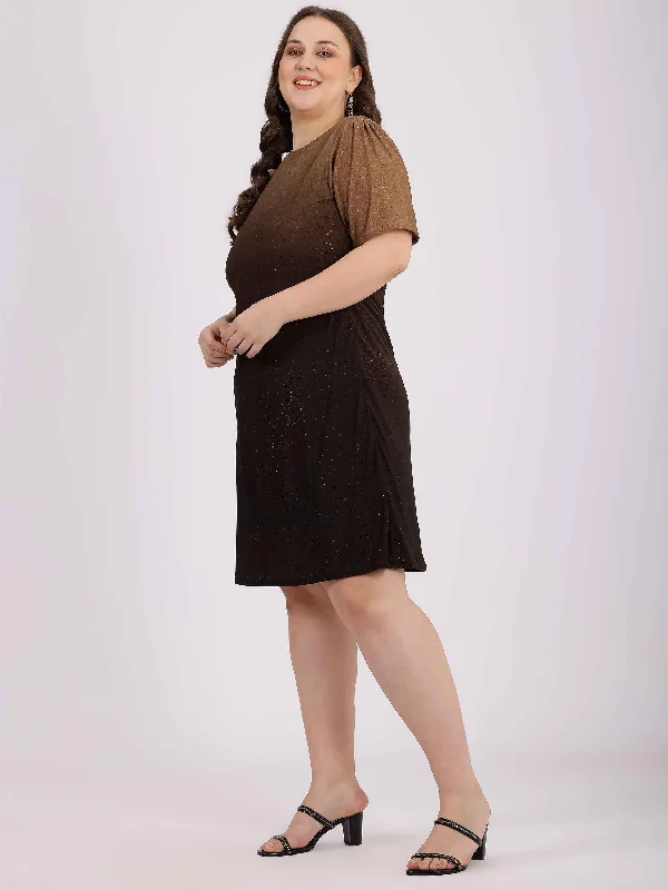 Women's Brown Polyester Self Design Dress - Curvy Lane