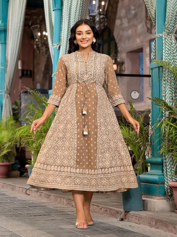 Women's Brown Georgette Printed Dress - Juniper