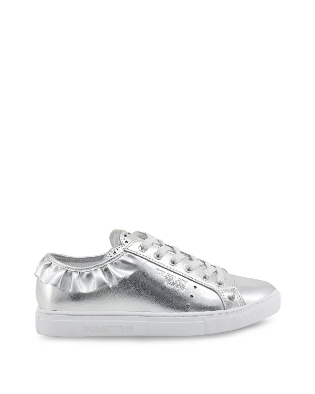 Trussardi Jeans Womens Ruffled Low Top Sneakers Silver Fashionable Raw Hemmed Jeans