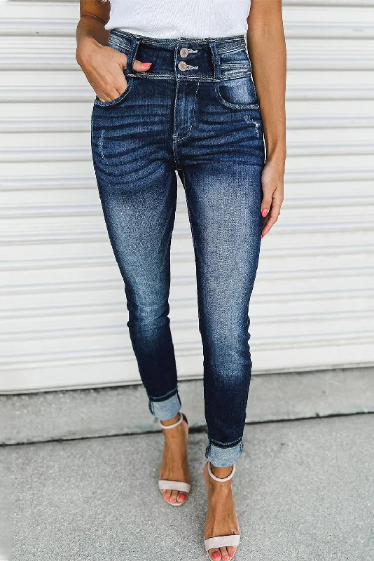 Blue Vintage Washed Two-button High Waist Skinny Jeans Cozy Tencel Blend Denim Jeans Blue Vintage Washed Two-button High Waist Skinny Jeans Cozy Tencel Blend Denim Jeans