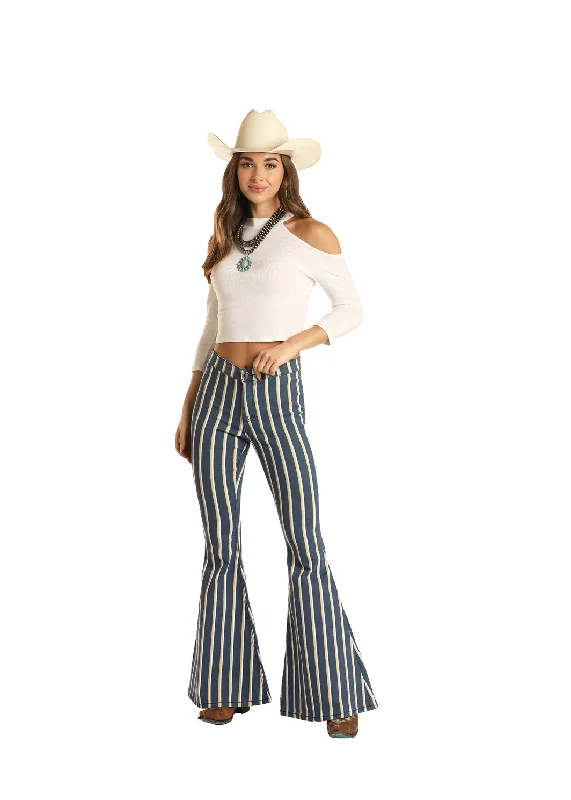 Rock & Roll Cowgirl  Navy Striped Bell Bottom Jeans Comfortable Folded Hem Jeans