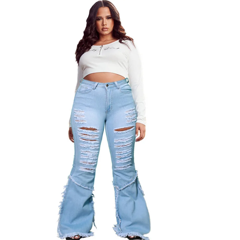 Plus Size Horn Hole Washing Tassel Women Clothing Oversized Jeans Trendy Wide-Leg High-Waist Denim Plus Size Horn Hole Washing Tassel Women Clothing Oversized Jeans Trendy Wide-Leg High-Waist Denim