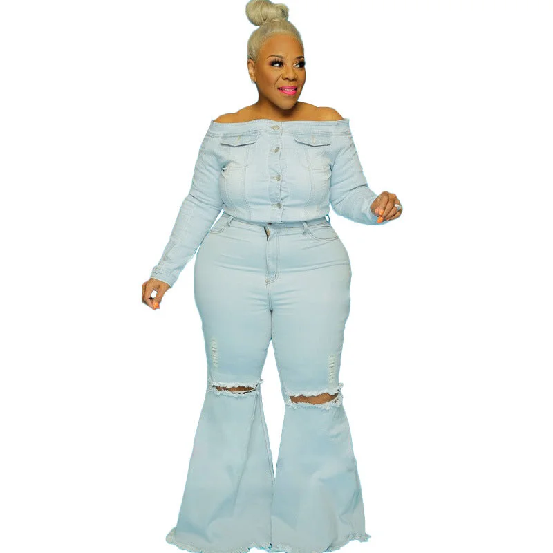 Plus Size Ripped Washed Mid Waist  Jeans Stylish Slim Fit Denim