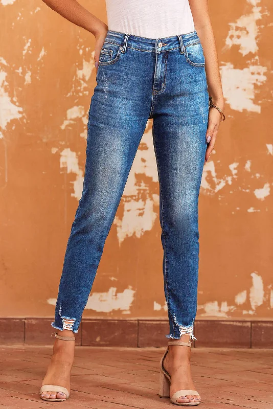 Raw Hem Skinny Jeans with Pockets Trendy Colored Denim Jeans