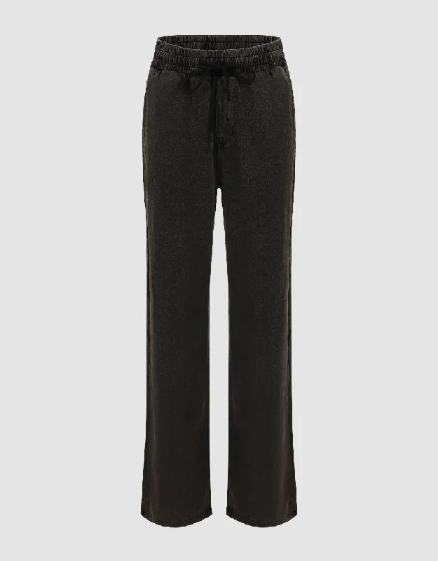 Drawstring Waist Straight Jeans Trendy Wide-Leg High-Waist Denim