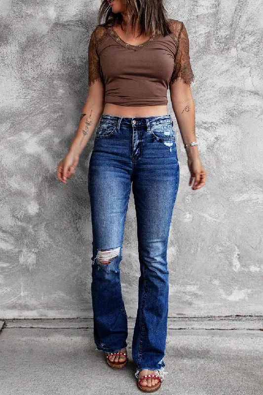 DressBetty - Holes Ripped Tassel Flare Jeans High Waist Denim Ladies Vintage Stretch Slim Jeans Elegant Raw Hem Jeans DressBetty - Holes Ripped Tassel Flare Jeans High Waist Denim Ladies Vintage Stretch Slim Jeans Elegant Raw Hem Jeans