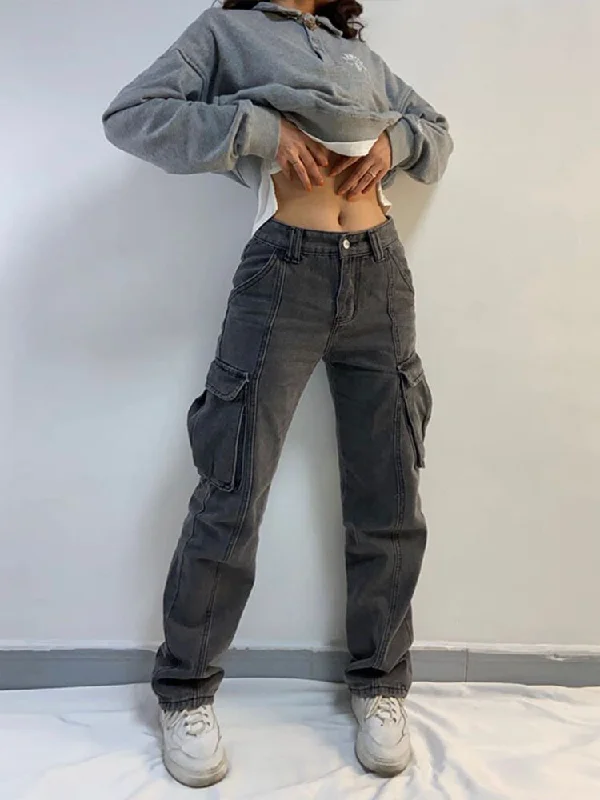 Women Straight Cargo Jeans Elegant Wide-Leg Jeans