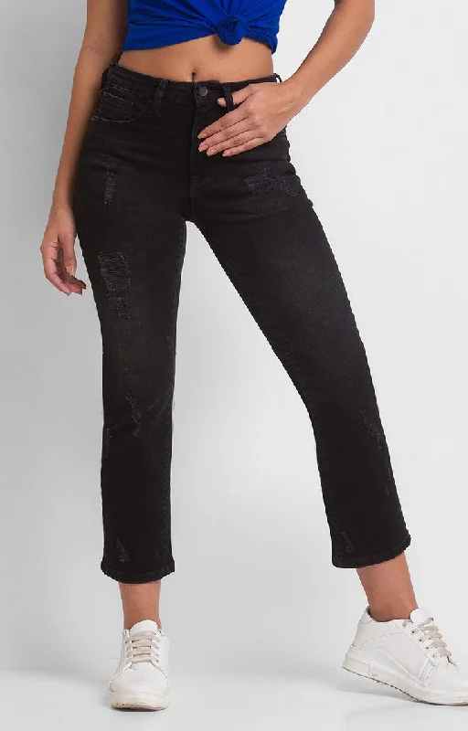 Spykar Black Cotton Slim Straight Fit Ankle Length Jeans For Women (Emma) Chic Vintage-Inspired Denim Jeans