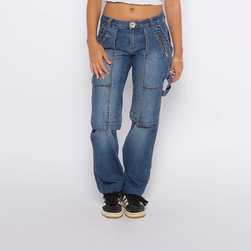 Zip Pocket  Straight Jeans - UK 10 Stylish Acid-Wash Jeans