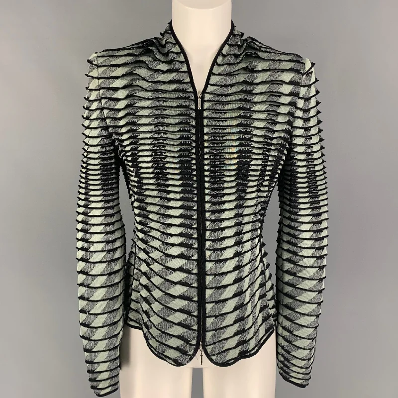 GIORGIO ARMANI Size 8 Grey Black Viscose Ribbed Zip Up Jacket Cotton Fabric Linen Fabric Terry Fabric GIORGIO ARMANI Size 8 Grey Black Viscose Ribbed Zip Up Jacket Cotton Fabric Linen Fabric Terry Fabric