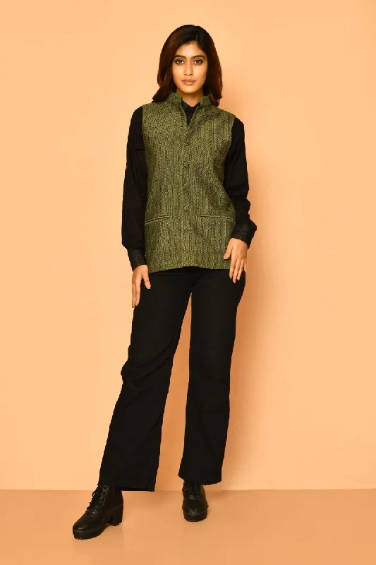 Olive Green Handloom Cotton Nehru Jacket for Women Wool Jacket Cashmere Jacket Tweed Jacket Olive Green Handloom Cotton Nehru Jacket for Women Wool Jacket Cashmere Jacket Tweed Jacket