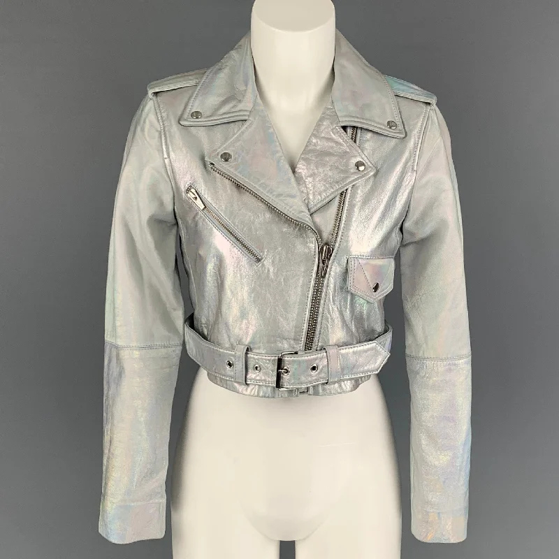 VEDA Size XS Silver Iridescent Metallic Leather Biker Cropped Jacket Wool Jacket Cashmere Jacket Tweed Jacket VEDA Size XS Silver Iridescent Metallic Leather Biker Cropped Jacket Wool Jacket Cashmere Jacket Tweed Jacket