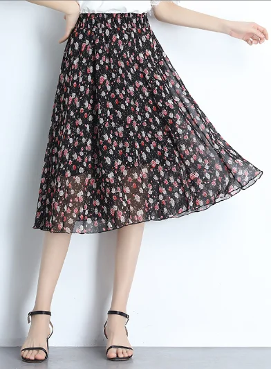 casual summer Joker floral long thin high waist Korean version big pendulum A word skirt pleated skirt texture casual summer Joker floral long thin high waist Korean version big pendulum A word skirt pleated skirt texture