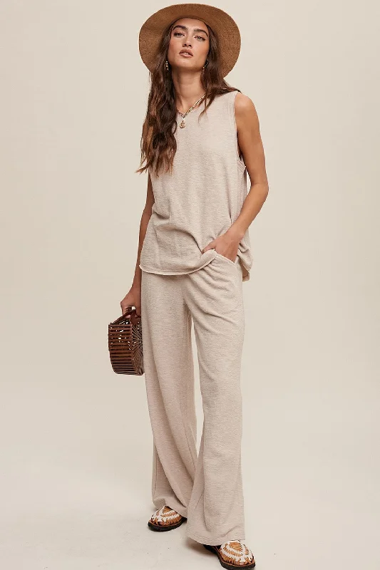Beige Slub Knit Pants Set Cozy Lounge Pants