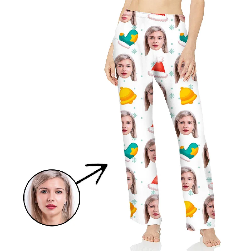 Custom Photo Pajamas Pants For Women Bell And Christmas Hat High-Waist Jeans