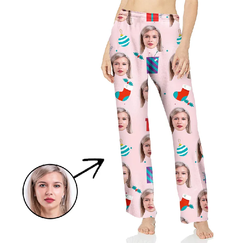Custom Photo Pajamas Pants For Women Celebrate Christmas With Lights Pink Cozy Jogger Leggings Custom Photo Pajamas Pants For Women Celebrate Christmas With Lights Pink Cozy Jogger Leggings