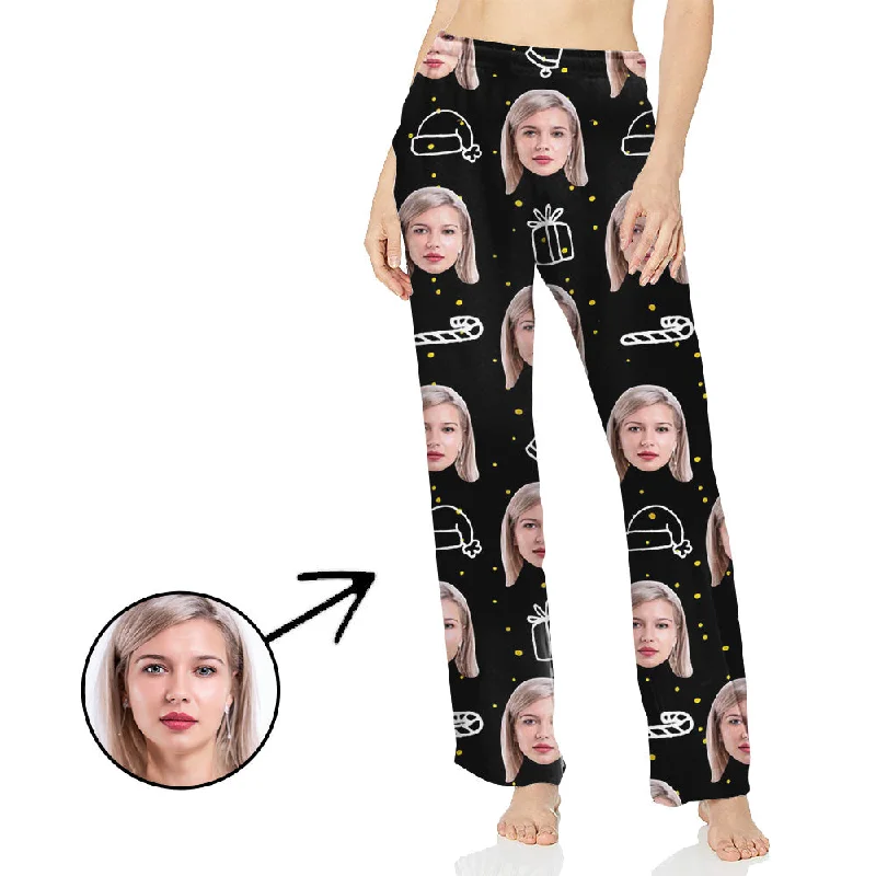 Custom Photo Pajamas Pants For Women Christmas Hat And Candy Cane Comfortable Denim Pants Custom Photo Pajamas Pants For Women Christmas Hat And Candy Cane Comfortable Denim Pants