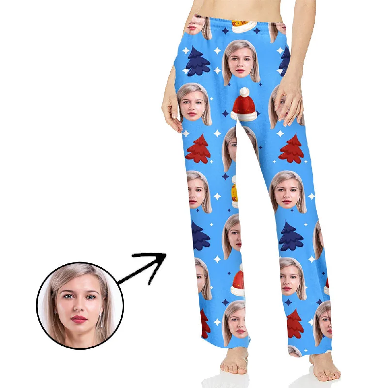 Custom Photo Pajamas Pants For Women Christmas Hat And Christmas Tree Warm Wool Trousers Custom Photo Pajamas Pants For Women Christmas Hat And Christmas Tree Warm Wool Trousers