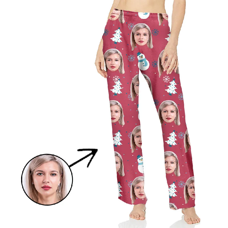 Custom Photo Pajamas Pants For Women Snowman And Christmas Tree Classic Straight Pants Custom Photo Pajamas Pants For Women Snowman And Christmas Tree Classic Straight Pants