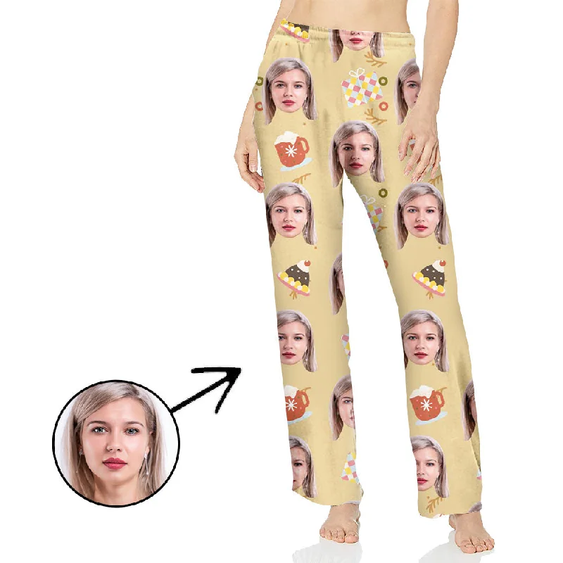 Custom Photo Pajamas Pants For Women With Christmas Pendant And Cup Casual Plaid Pants Custom Photo Pajamas Pants For Women With Christmas Pendant And Cup Casual Plaid Pants